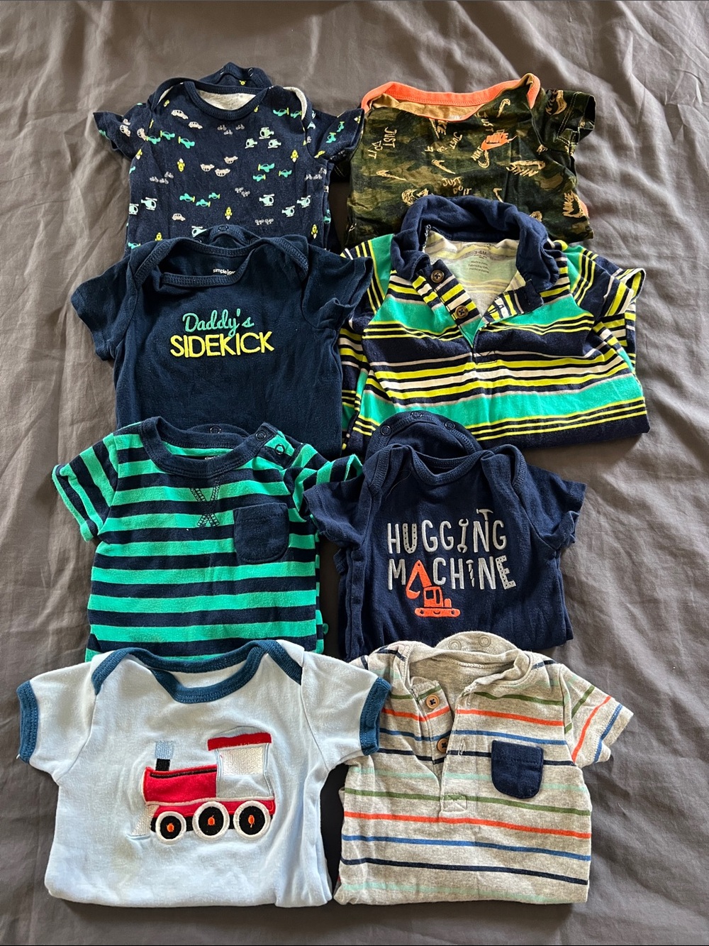 Lot of 8 baby boy short sleeve onesies size 3-6 month stripes train cars plane